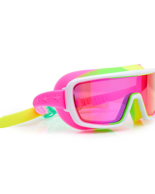 angled view of chromatic kids swim goggles in multicolored melon showing a hot pink lens tint and melon colored swirl silicone gasket
