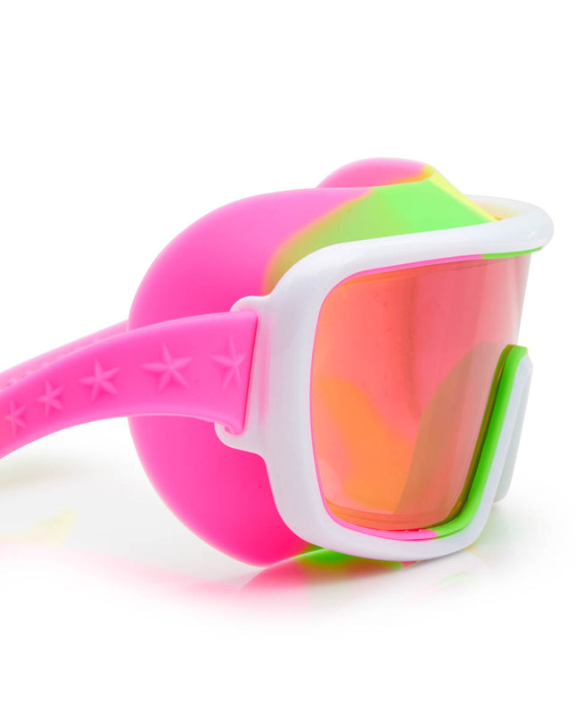 close-up of chromatic kids swim goggles in multicolored melon showing a hot pink lens tint and melon colored swirl silicone gasket