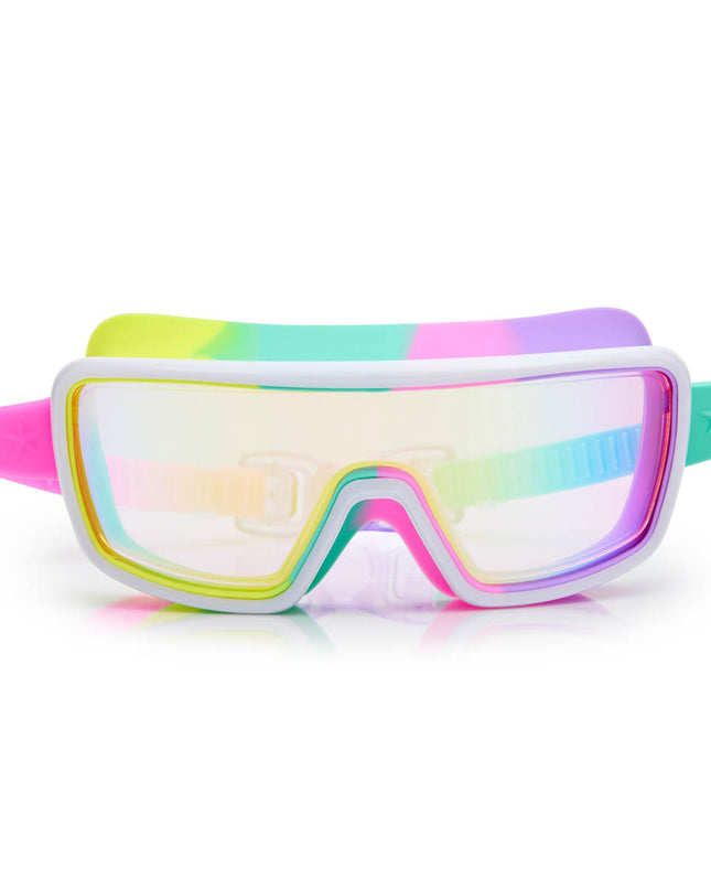 chromatic kids swim goggles in pseudo swirl showing a softer rainbow silicone gasket, white frame and reflective lens