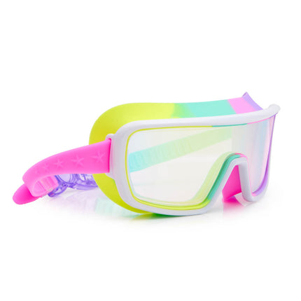 angled view of chromatic kids swim goggles in pseudo swirl showing a softer rainbow silicone gasket, white frame and reflective lens