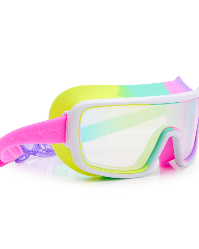 angled view of chromatic kids swim goggles in pseudo swirl showing a softer rainbow silicone gasket, white frame and reflective lens