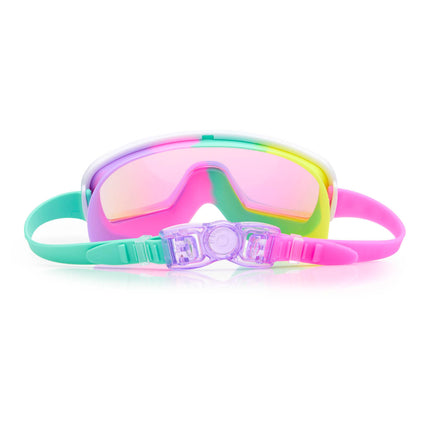 back view of chromatic kids swim goggles in pseudo swirl showing back clip and strap