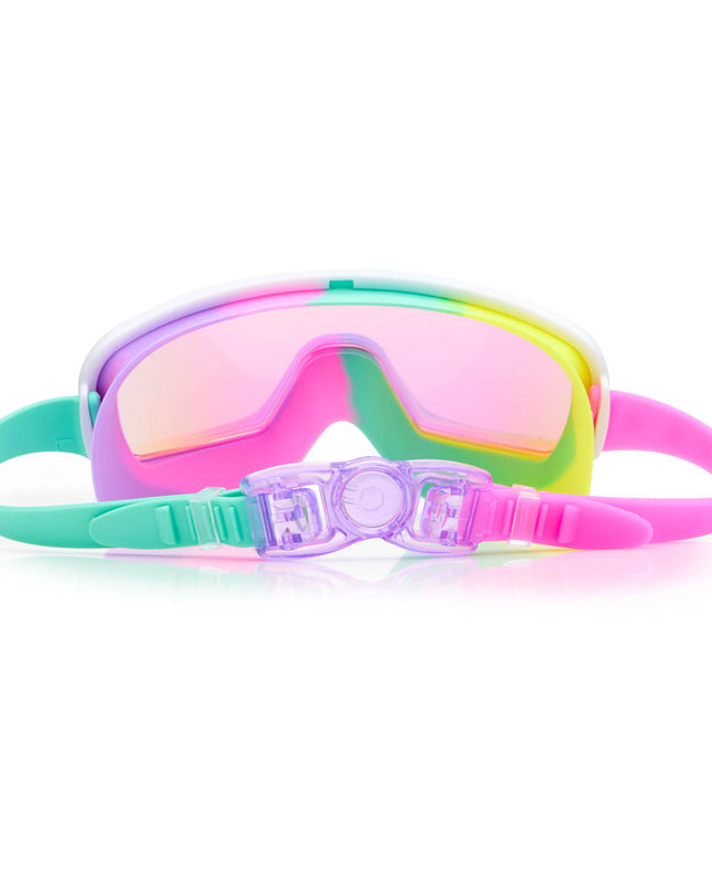 back view of chromatic kids swim goggles in pseudo swirl showing back clip and strap