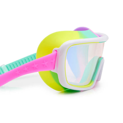 close-up view of chromatic kids swim goggles in pseudo swirl showing a softer rainbow silicone gasket, white frame and reflective lens