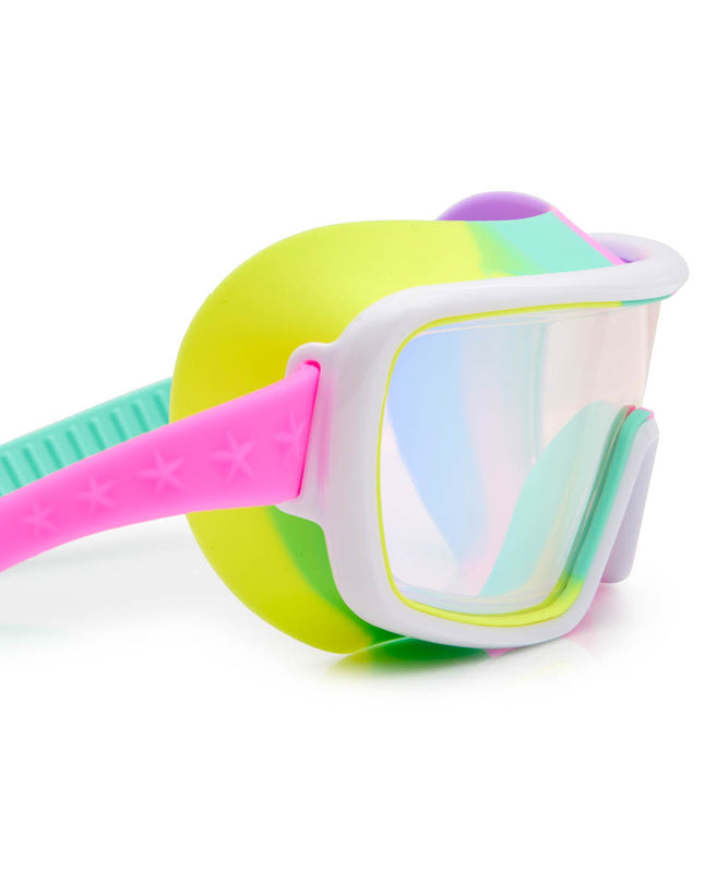 close-up view of chromatic kids swim goggles in pseudo swirl showing a softer rainbow silicone gasket, white frame and reflective lens