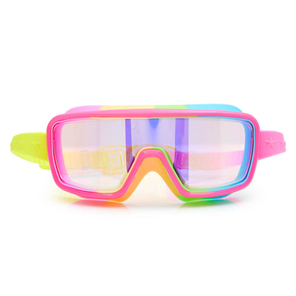 chromatic swim goggles in spectro strawberry showing a hot pink frame and rainbow colored gasket with reflective lens
