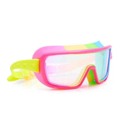 angled view of chromatic swim goggles in spectro strawberry showing a hot pink frame and rainbow colored gasket with reflective lens