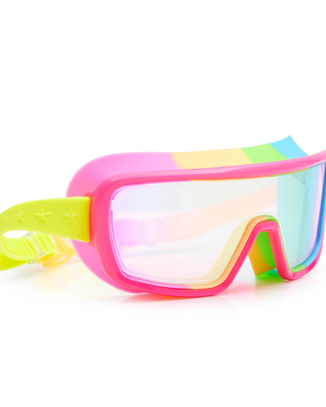 angled view of chromatic swim goggles in spectro strawberry showing a hot pink frame and rainbow colored gasket with reflective lens