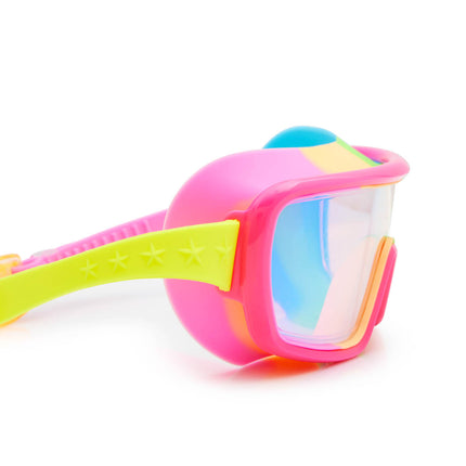 close-up view of chromatic swim goggles in spectro strawberry showing a hot pink frame and rainbow colored gasket with reflective lens