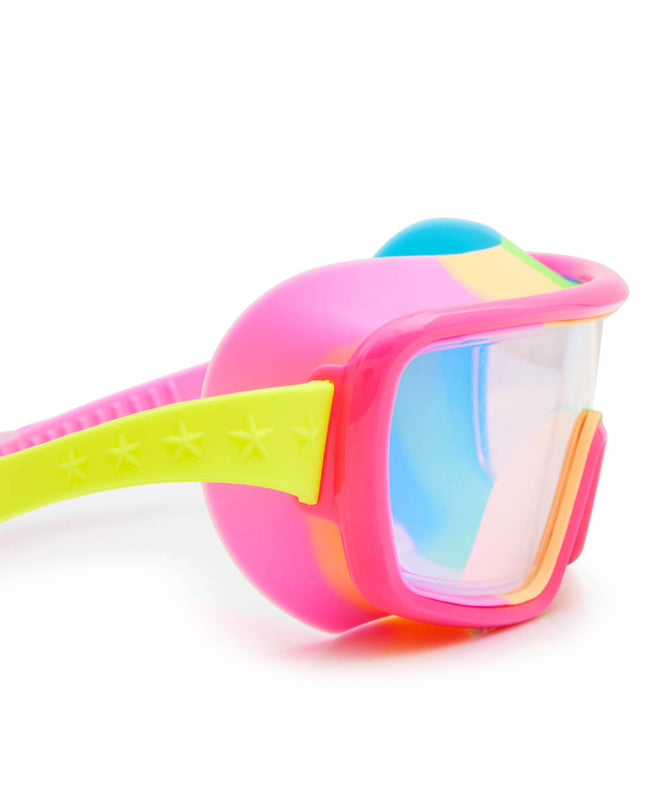 close-up view of chromatic swim goggles in spectro strawberry showing a hot pink frame and rainbow colored gasket with reflective lens