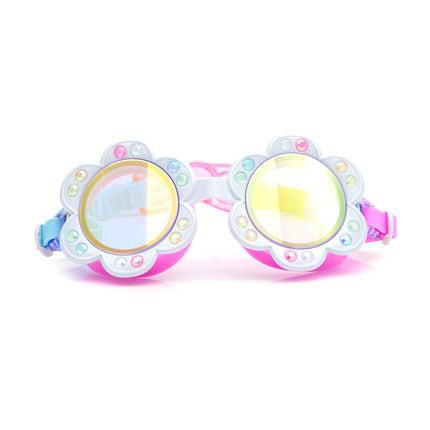 dandi flower shaped kids swim goggles in blanche blossom showing petal detail with rhinestones and mirrored lens