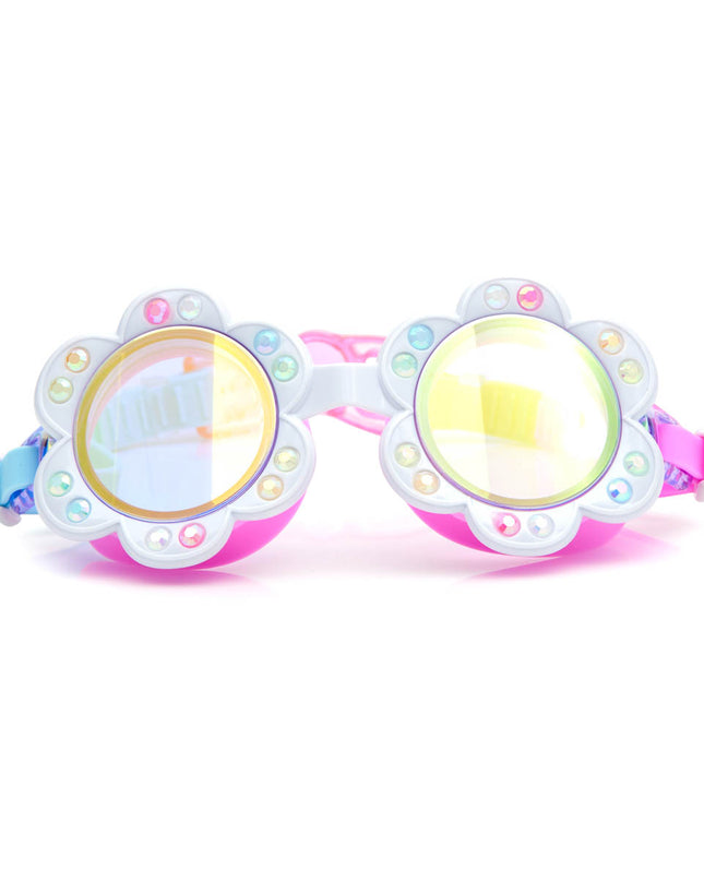 dandi flower shaped kids swim goggles in blanche blossom showing petal detail with rhinestones and mirrored lens