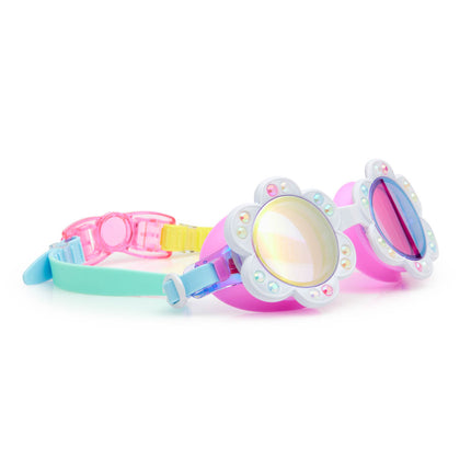 angled view of dandi flower shaped kids swim goggles in blanche blossom showing petal detail with rhinestones and mirrored lens