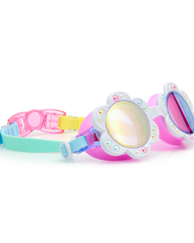 angled view of dandi flower shaped kids swim goggles in blanche blossom showing petal detail with rhinestones and mirrored lens