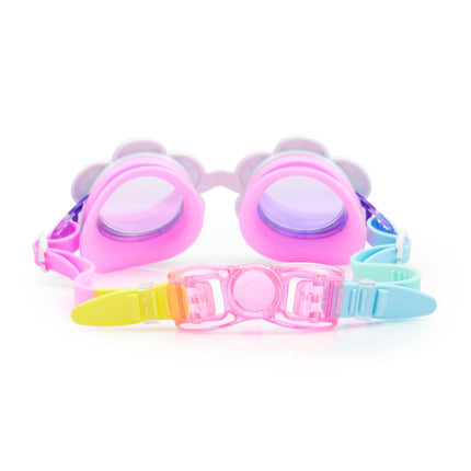 back view of dandi flower shaped kids swim goggles in blanche blossom showing strap and back clip