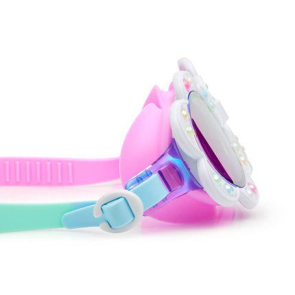 close-up view of dandi flower shaped kids swim goggles in blanche blossom showing petal detail with rhinestones and mirrored lens