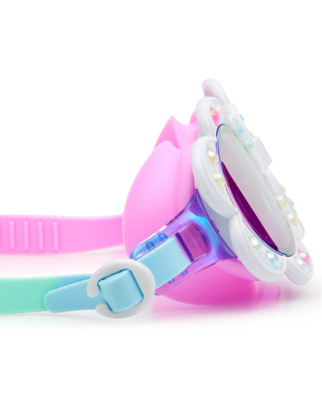 close-up view of dandi flower shaped kids swim goggles in blanche blossom showing petal detail with rhinestones and mirrored lens
