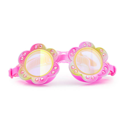 gardenia flower shaped swim goggles in golden hour showing petal details and rhinestones with mirrored lens