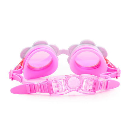back view of gardenia flower shaped swim goggles in golden hour showing strap and back clip