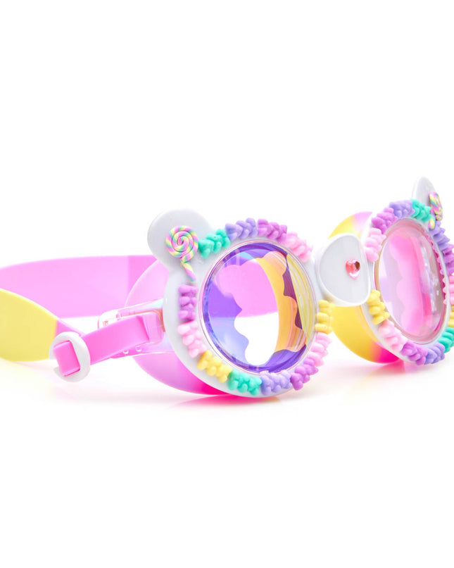 angled view of gummy bear kids' swim goggles in lollipop showing 3D gummy bears and a gummy bear screen print