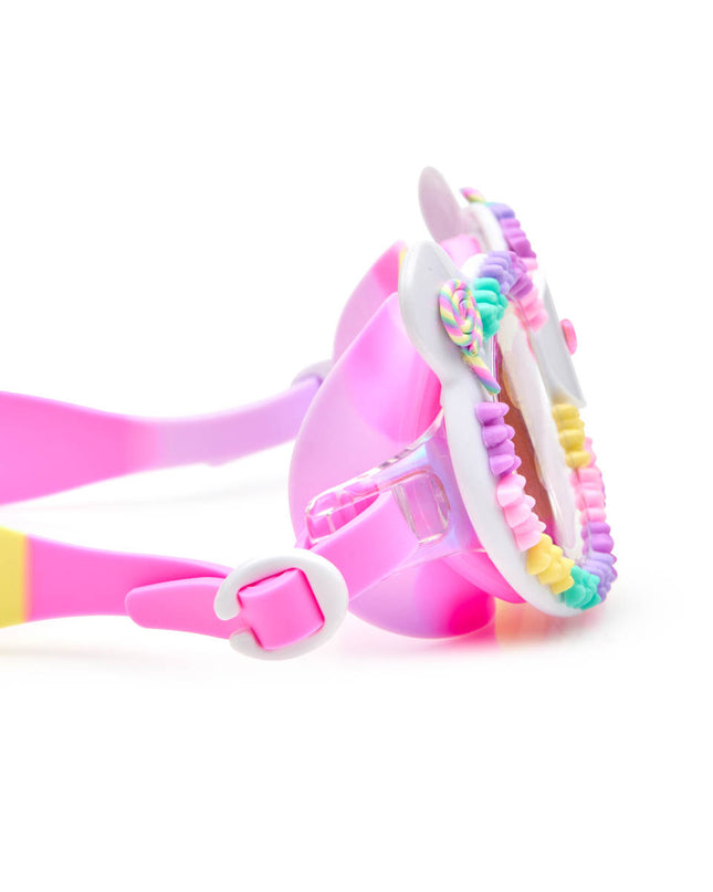 close-up view of gummy bear kids' swim goggles in lollipop showing 3D gummy bears and 3D lollipop