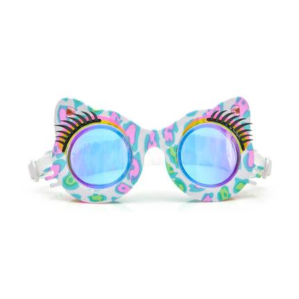 savvy cat kids' cat-shaped swim goggles showing cheetah printed frame, faux eyelashes and rhinestones