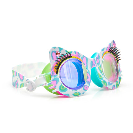 angled view of savvy cat kids' cat-shaped swim goggles showing cheetah printed frame, faux eyelashes and rhinestones