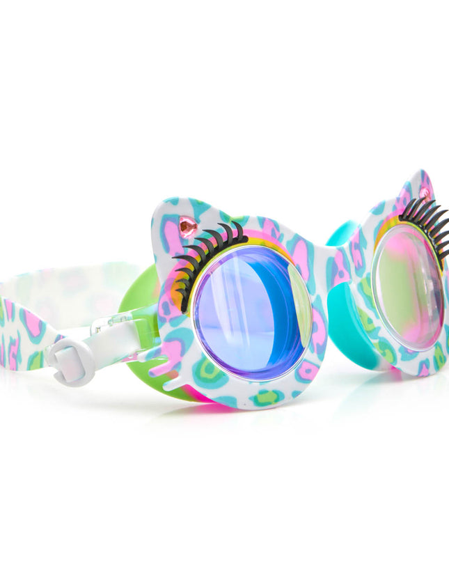 angled view of savvy cat kids' cat-shaped swim goggles showing cheetah printed frame, faux eyelashes and rhinestones