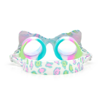 back view of savvy cat kids' cat-shaped swim goggles showing cheetah printed strap