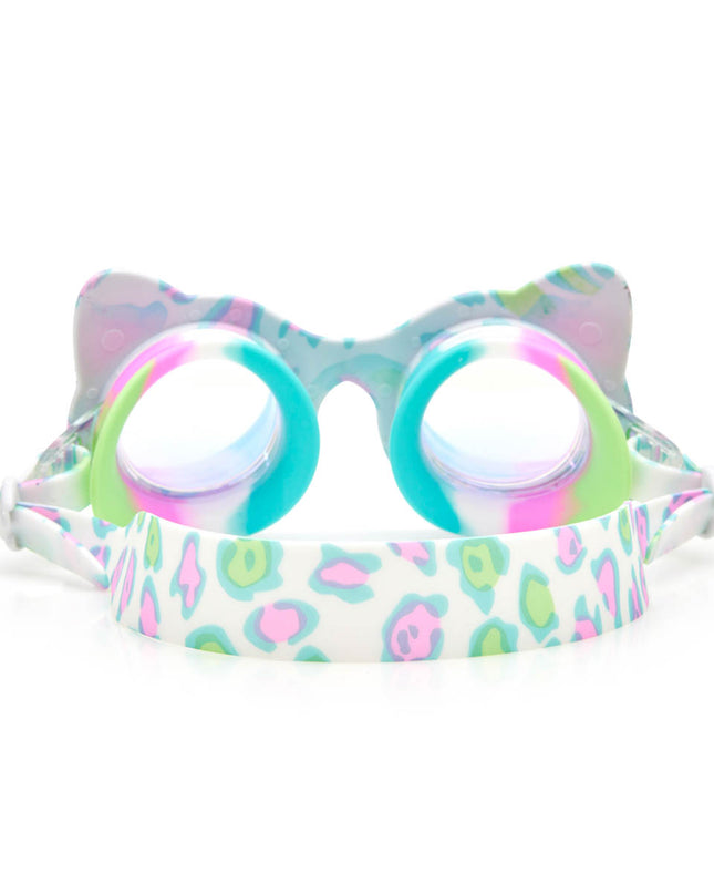 back view of savvy cat kids' cat-shaped swim goggles showing cheetah printed strap