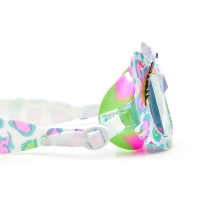 close-up view of savvy cat kids' cat-shaped swim goggles showing cheetah printed frame, faux eyelashes and rhinestones