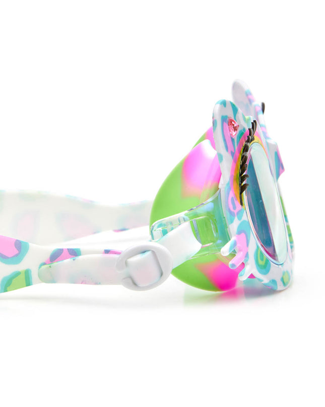 close-up view of savvy cat kids' cat-shaped swim goggles showing cheetah printed frame, faux eyelashes and rhinestones