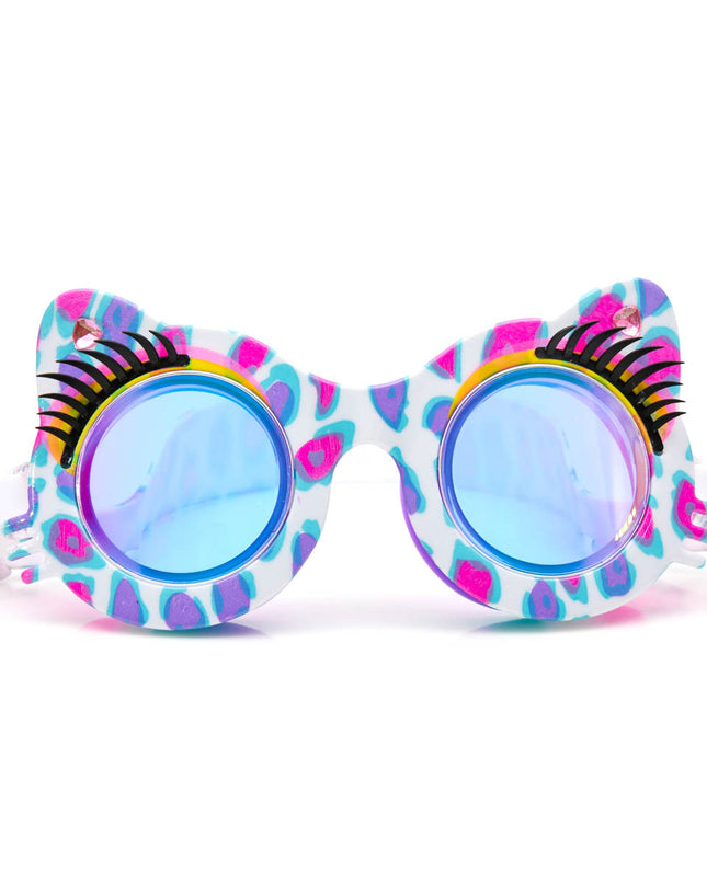 savvy cat kids' cat-shaped swim goggles in purple patches showing bright cheetah print pattern, faux eyelashes and rhinestones

