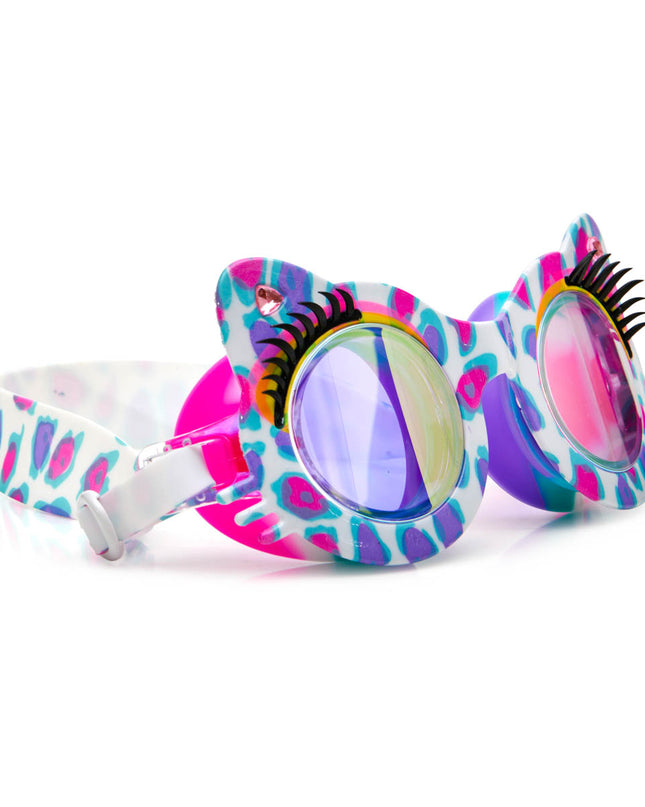 angled view of savvy cat kids' cat-shaped swim goggles in purple patches showing bright cheetah print pattern, faux eyelashes and rhinestones