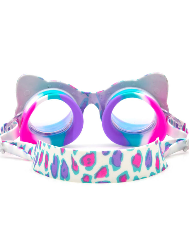 back view of savvy cat kids' cat-shaped swim goggles in purple patches showing bright cheetah printed strap