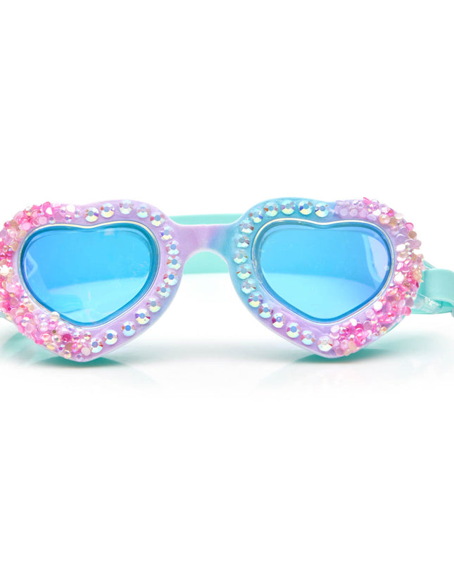 seaquin kids' heart shaped swim goggles in bluetiful showing details of crushed pink rhinestones and a set of rhinestones 