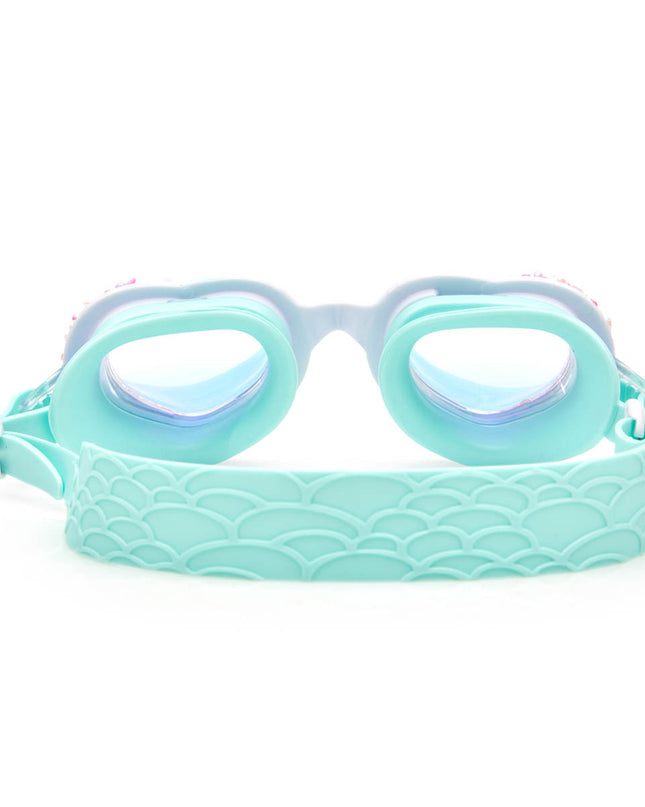 back view of seaquin kids' heart shaped swim goggles in bluetiful showing textured fishtail strap