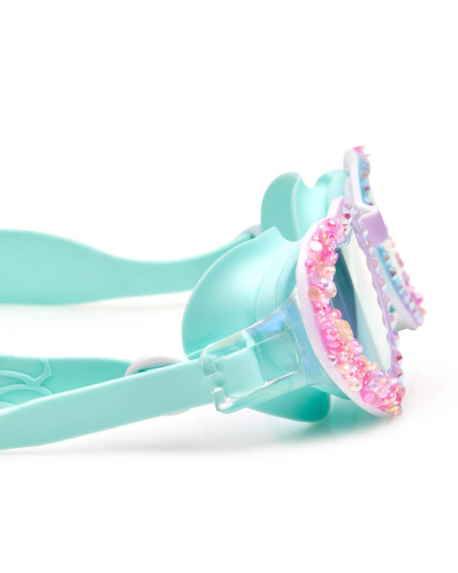 close-up of seaquin kids' heart shaped swim goggles in bluetiful showing details of crushed pink rhinestones and a set of rhinestones 