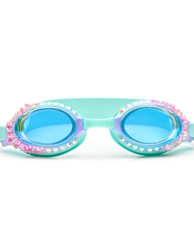 seaquin kids swim goggles in seabreeze classic shaped swim goggles showing details of rhinestones and crushed rhinestone details