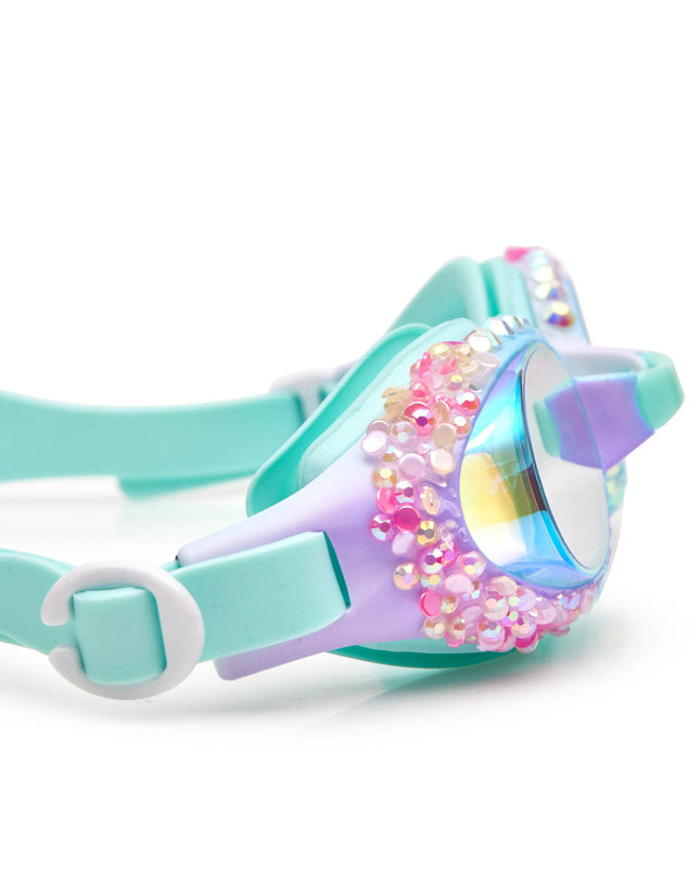 close-up view of seaquin kids swim goggles in seabreeze classic shaped swim goggles showing details of rhinestones and crushed rhinestone details