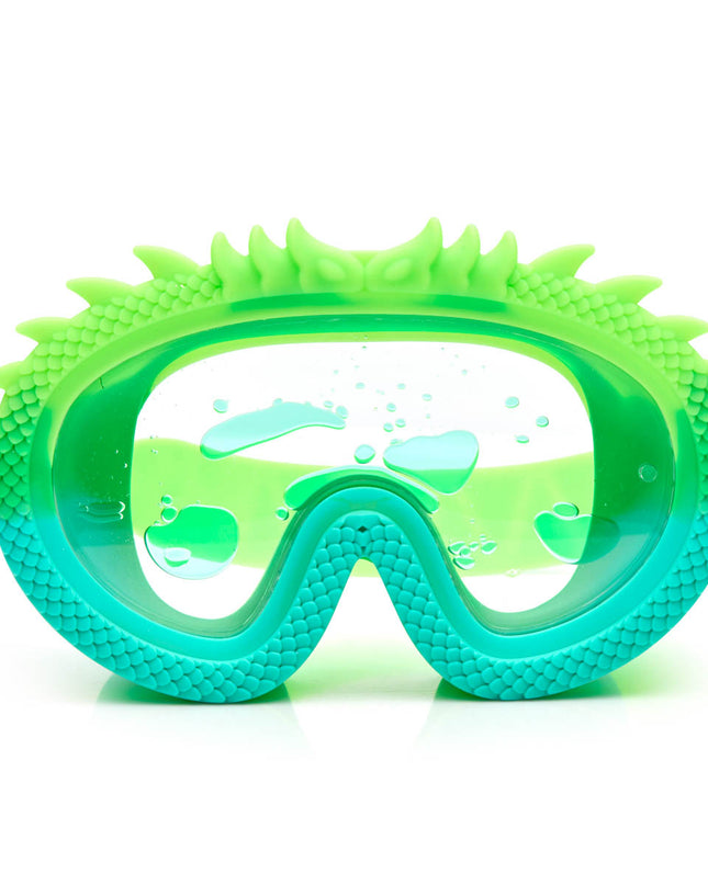 dragon kids' swim mask in green glider showing dragon textured silicone frame and floating green 'lava' in the double lens


